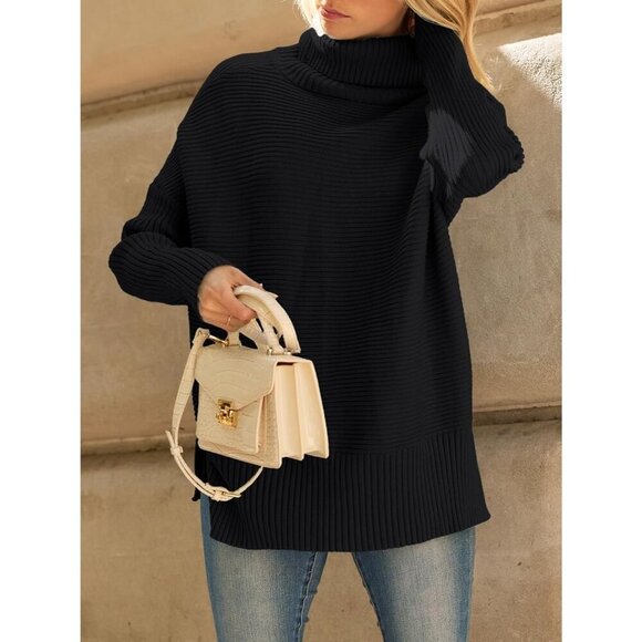 Women’s Oversized Turtleneck Sweaters Fall Ribbed Batwing Sleeve Tunic Sweater - Picture 6 of 6